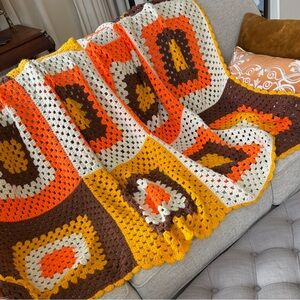 Vintage Handmade Crochet Granny Square Blanket Mod Orange Squares Retro Throw